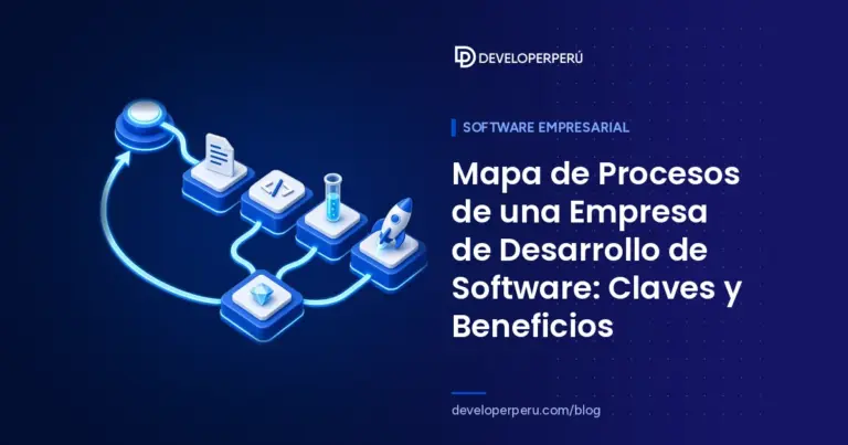 Ilustración isométrica de un mapa de procesos de desarrollo de software con etapas de requisitos, código, pruebas y lanzamiento