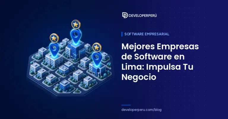 Ilustración isométrica de un mapa de ciudad con tres edificios destacados con pines y estrellas, sobre las mejores empresas de software en Lima