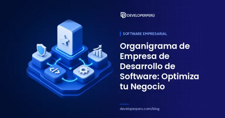Ilustración isométrica de un organigrama 3D con bloques conectados y roles de desarrollo, seguridad, operaciones y análisis