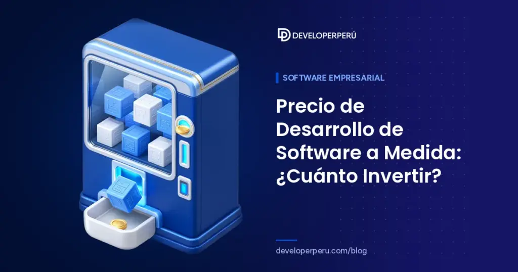 Ilustración isométrica de una máquina expendedora con módulos de software y una moneda, sobre el costo del software a medida