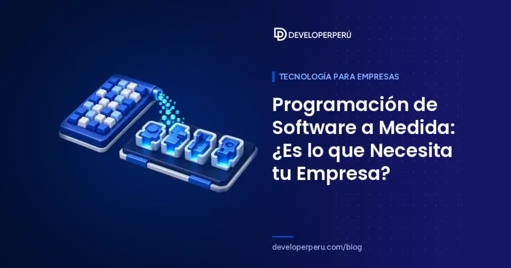 Ilustración isométrica de un teclado que vierte bloques de código en moldes que forman módulos de software a medida