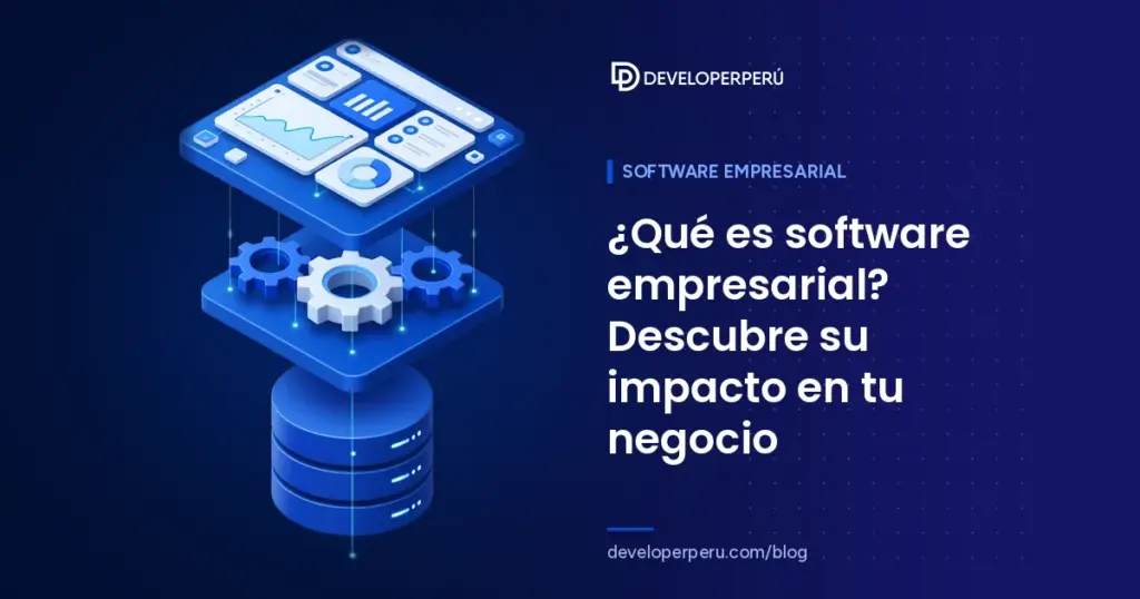 Ilustración isométrica de capas de software separadas: base de datos, lógica con engranajes e interfaz con paneles