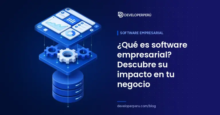 Ilustración isométrica de capas de software separadas: base de datos, lógica con engranajes e interfaz con paneles