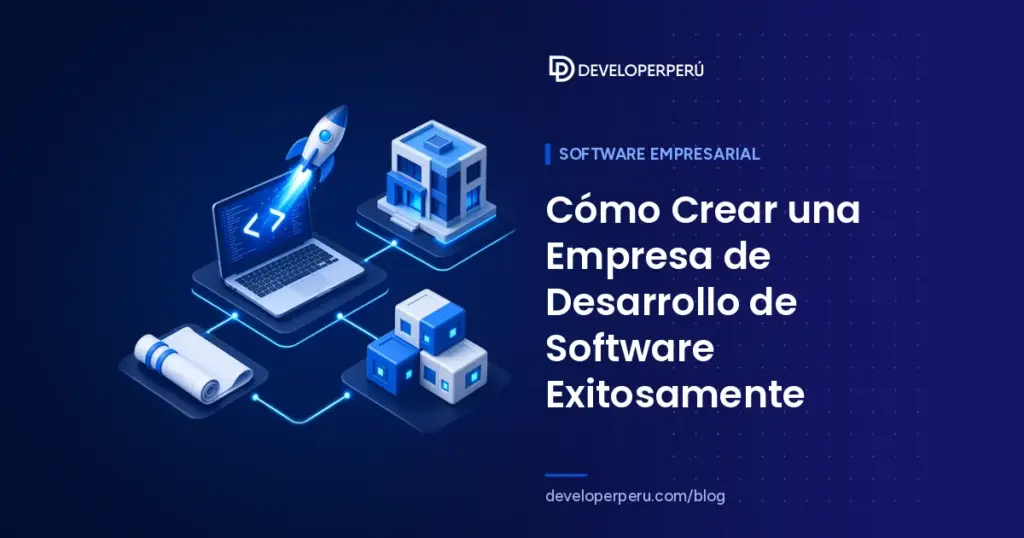 Ilustración isométrica de un cohete que despega de una laptop con código junto a planos, bloques y una oficina, para crear una empresa de software