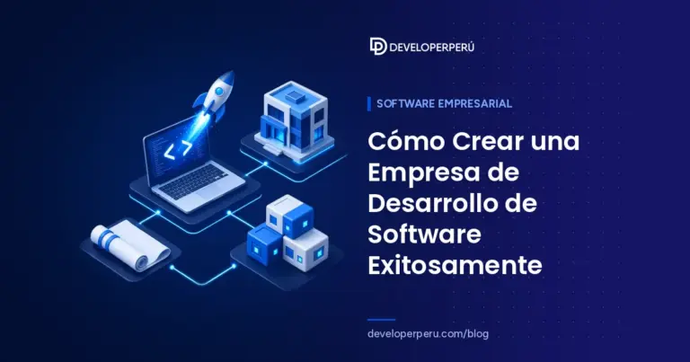 Ilustración isométrica de un cohete que despega de una laptop con código junto a planos, bloques y una oficina, para crear una empresa de software
