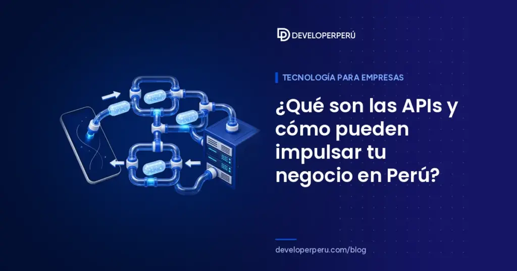 Ilustración isométrica de tubos transparentes que llevan cápsulas de datos entre un smartphone y un servidor, sobre las APIs