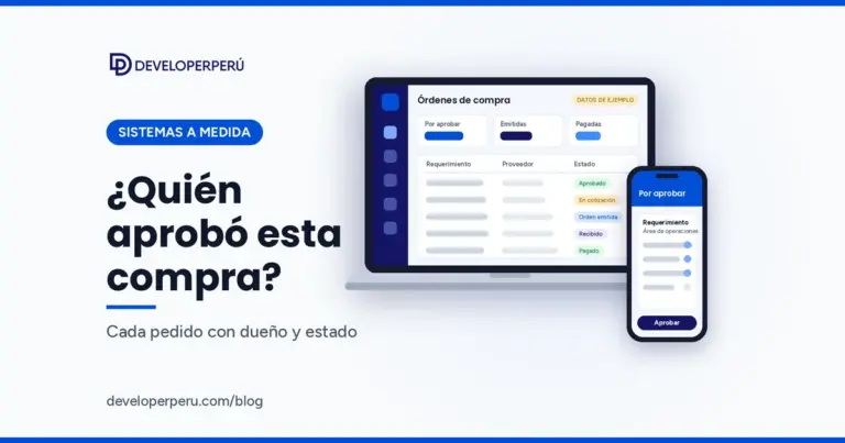 Maqueta de laptop y celular con un sistema de compras: órdenes por estado y requerimiento por aprobar, Developer Perú