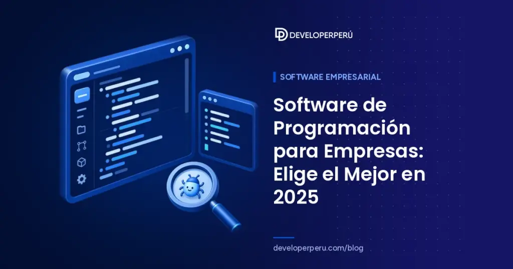 Ilustración isométrica de un editor de código con una lupa que revisa un error