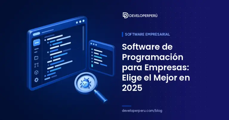 Ilustración isométrica de un editor de código con una lupa que revisa un error