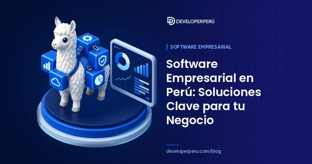 Ilustración isométrica de una llama que carga cubos de software junto a un panel de gráficos