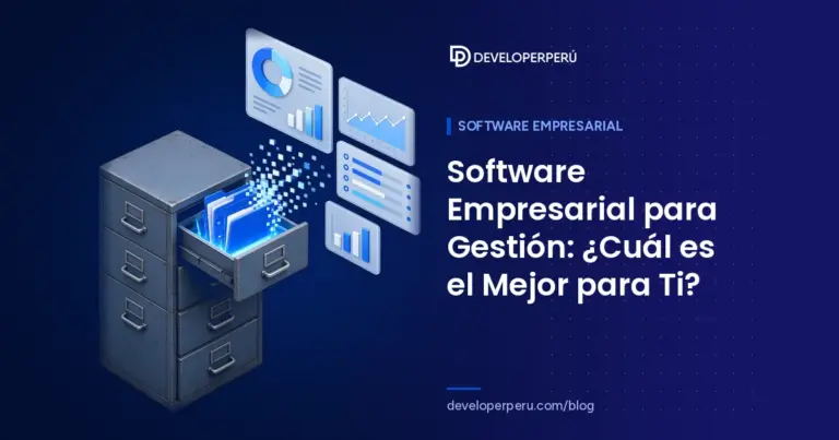 Ilustración isométrica de un archivador metálico que se transforma en paneles de gráficos digitales