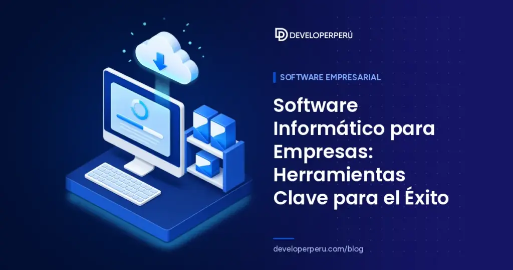 Ilustración isométrica de una computadora instalando software desde la nube junto a un estante con cajas de software