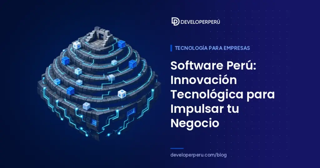 Ilustración isométrica de andenes incas de piedra recorridos por circuitos luminosos y cubos tecnológicos