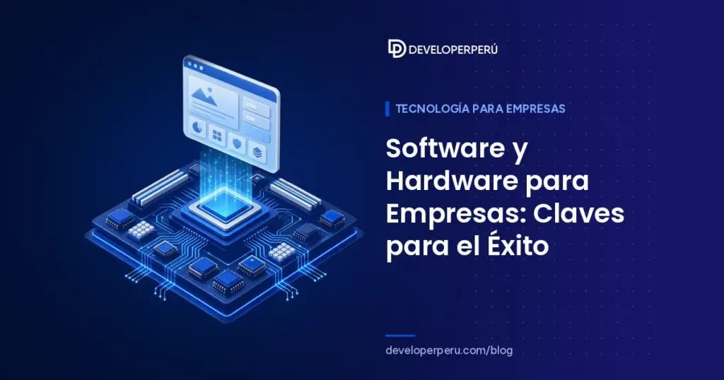 Ilustración isométrica de una placa base con un chip central que proyecta una ventana de aplicación