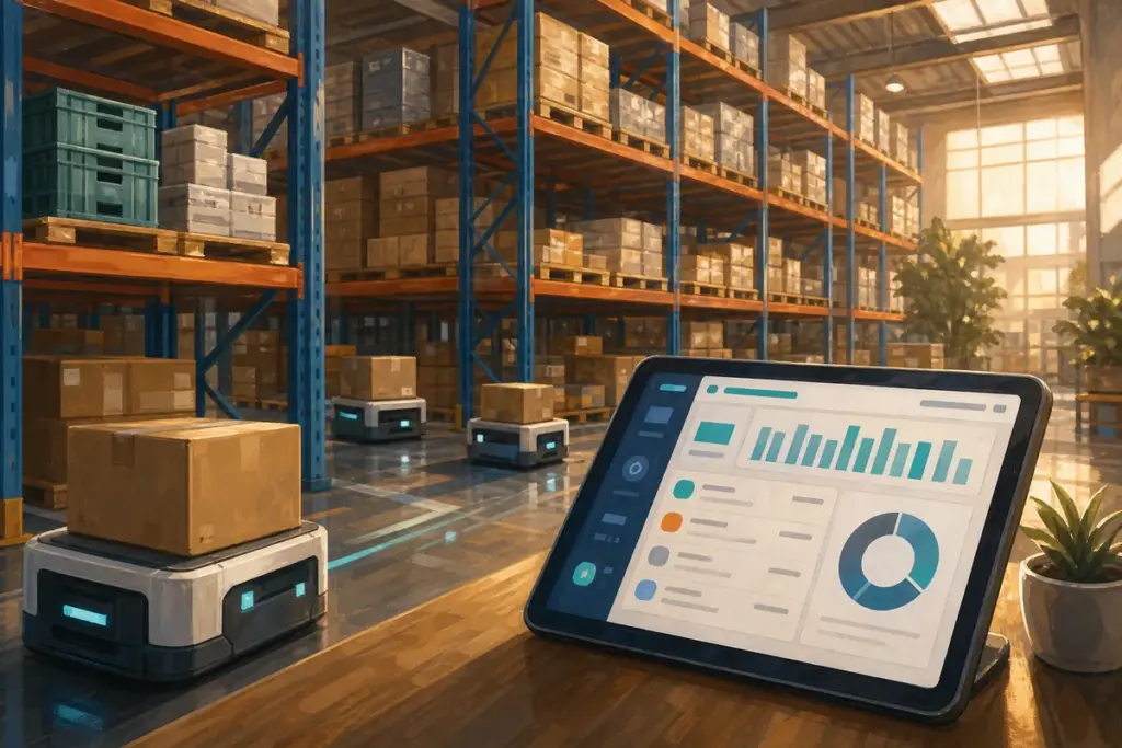 Tablet con el panel de una tienda online y un robot de almacén junto a cajas de pedidos
