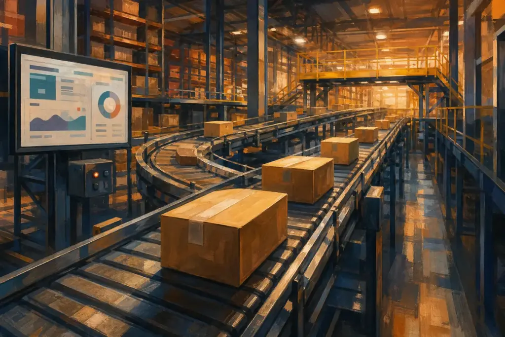 Pasillo de almacén con cajas en movimiento y una pantalla con el panel de un software empresarial