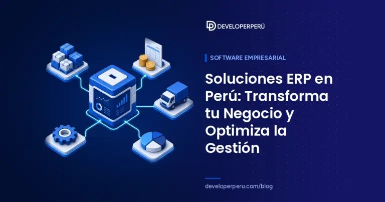 Ilustración isométrica de un sistema ERP central conectado a inventario, contabilidad, logística, operaciones y reportes