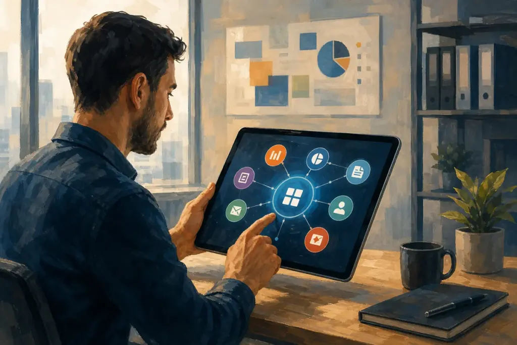 Profesional usando una tablet con íconos de aplicaciones conectadas que representan la integración de sistemas