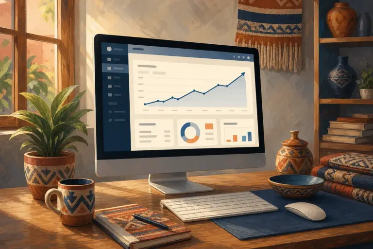 Computadora con el panel de ventas de una tienda online WooCommerce y gráfico de crecimiento