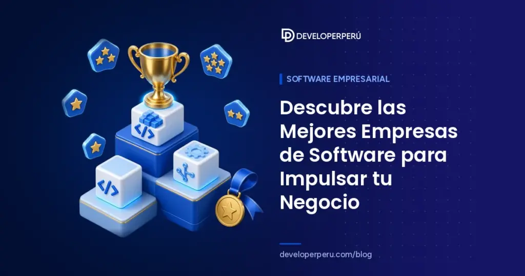 Ilustración isométrica de un podio con trofeo, bloques de software y calificaciones de estrellas de las mejores empresas de software