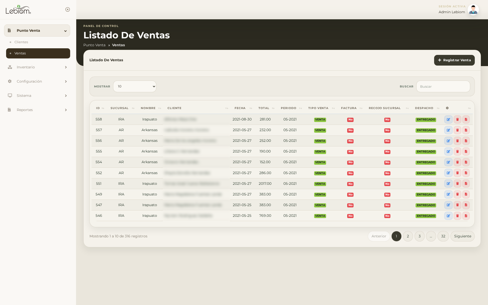 Listado de ventas de Lebiom por sucursal, con estado de despacho y nombres difuminados