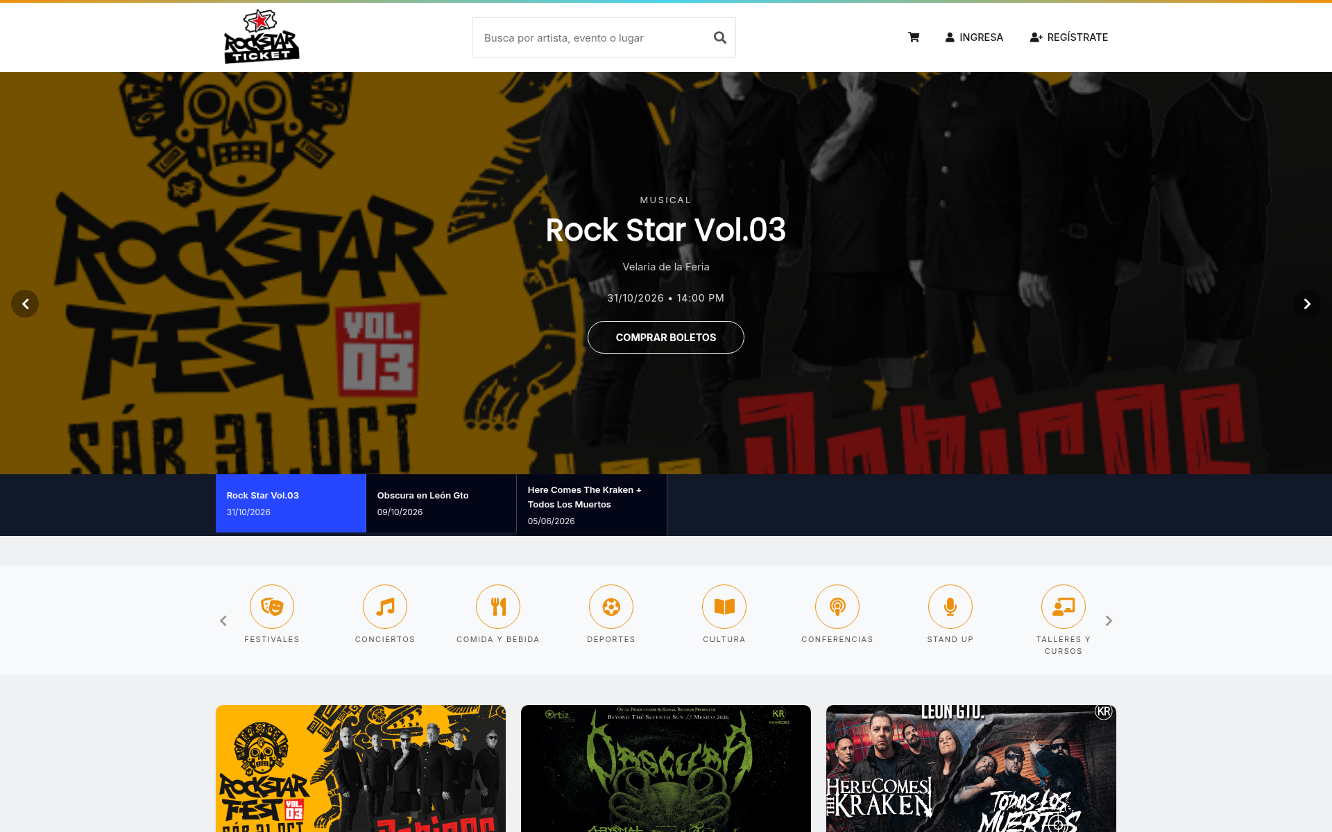Cartelera pública de Rockstar Ticket con eventos por categoría
