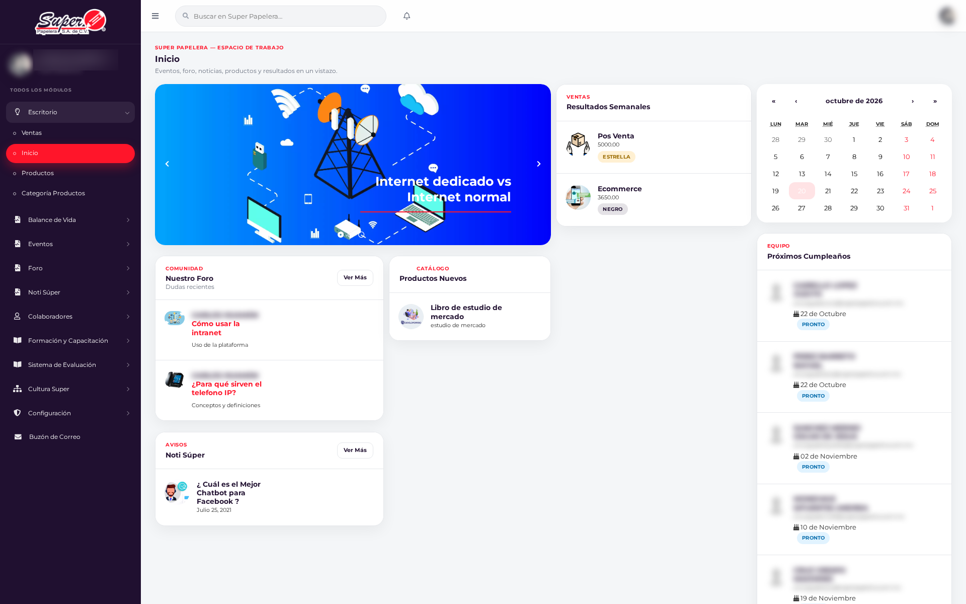 Escritorio de la intranet de Super Papelera: ventas, foro, avisos y calendario, con nombres difuminados